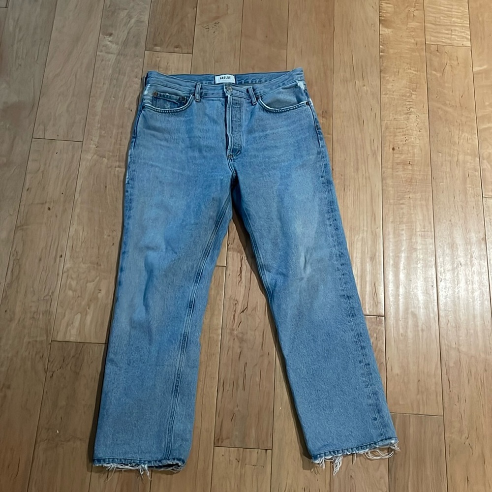 Agolde Jeans Women 28 Blue Lana Mid Rise Crop Straight Distressed Button Fly